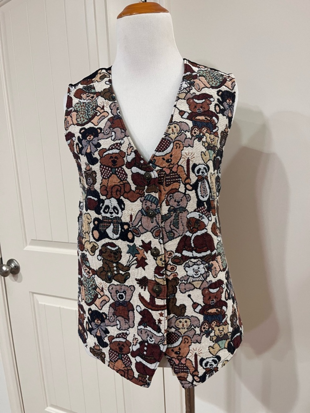 Source Unknown Cream Teddy Bear Print Button-Front Vest
